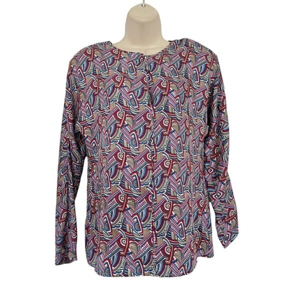 Vintage 90s TAHARI Woman's Sz 2 100% Silk Blouse & Skirt Set Pink Blue Geometric - Picture 2 of 14